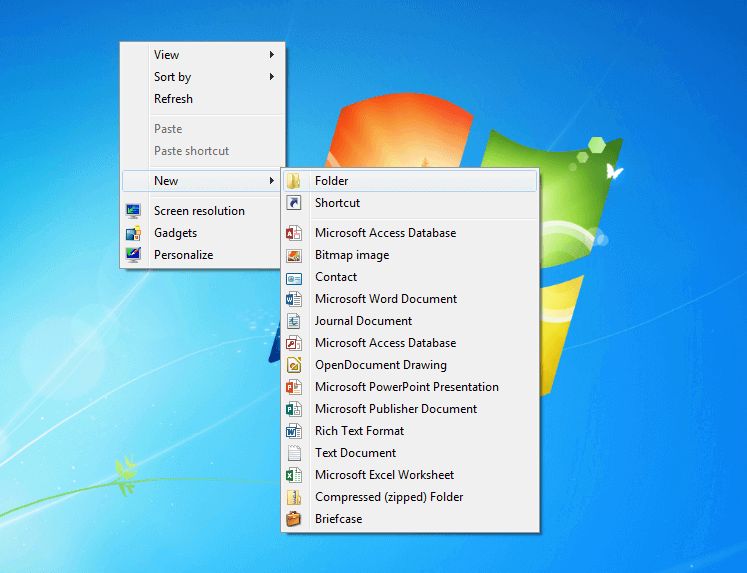 Capture d’écran du bureau Windows avec le menu contextuel ouvert à « Nouveau ».