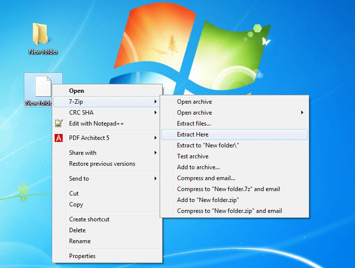 Capture d’écran du bureau Windows sur lequel un dossier compressé 7-Zip doit être décompressé