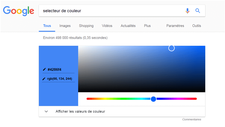 Sélecteur de couleurs sur le moteur de recherche Google