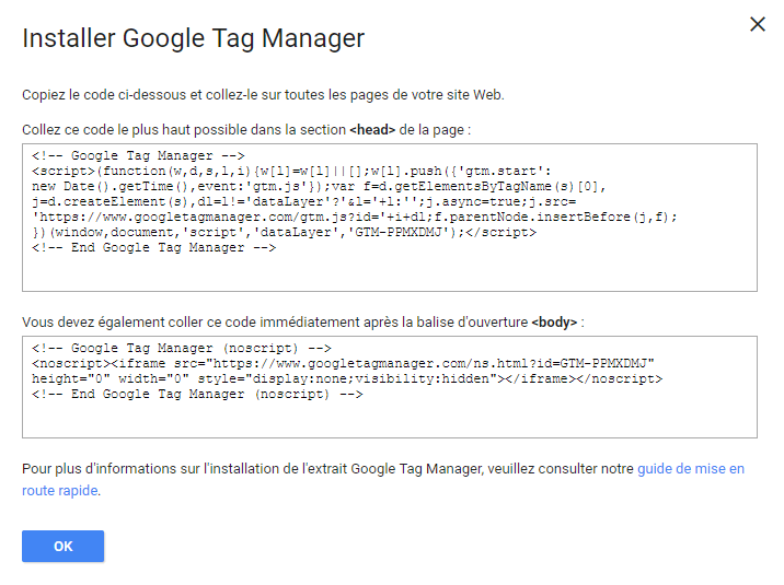 Google Tag Manager : insérer les codes head et body
