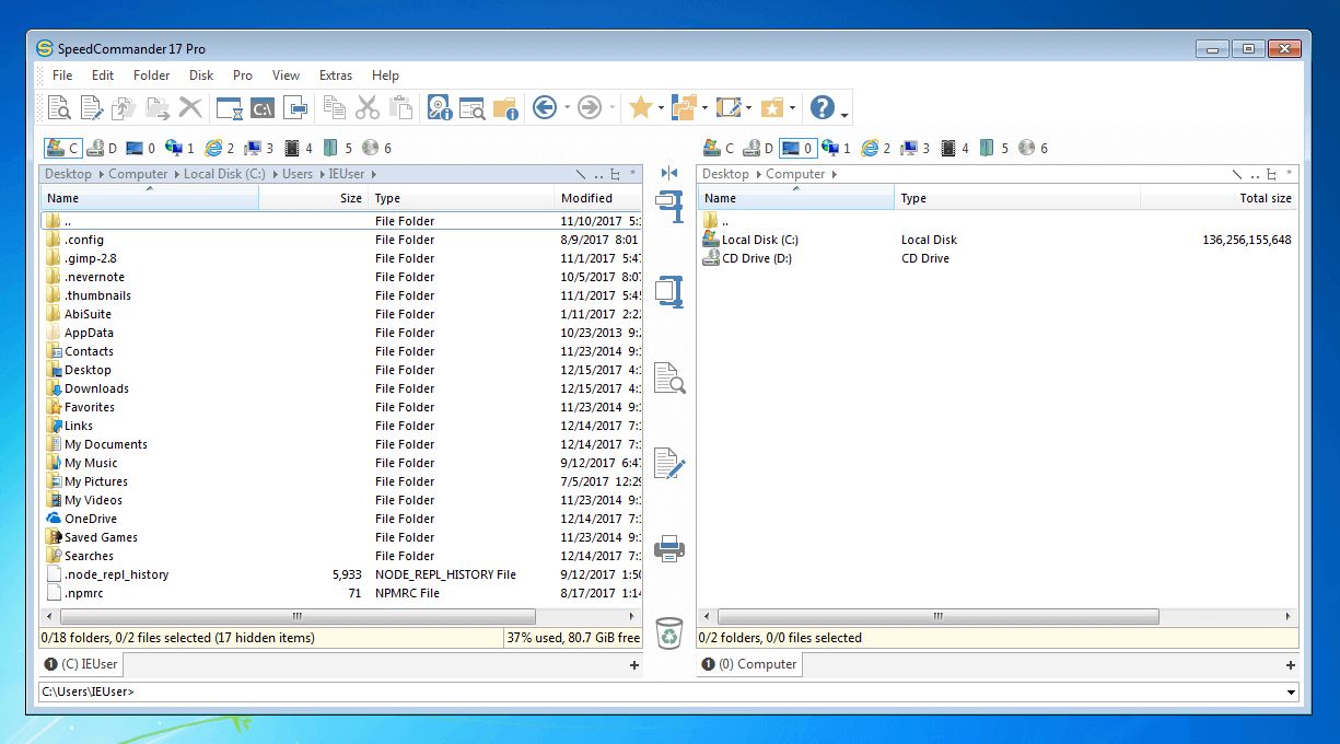 L'interface utilisateur du gestionnaire de fichiers Windows de SpeedCommander