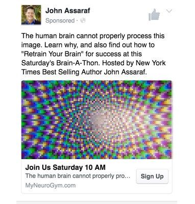 la publicité Facebook de NeuroGym utilise un texte court, une photo et une incitation à l’action affichés sur un smartphone