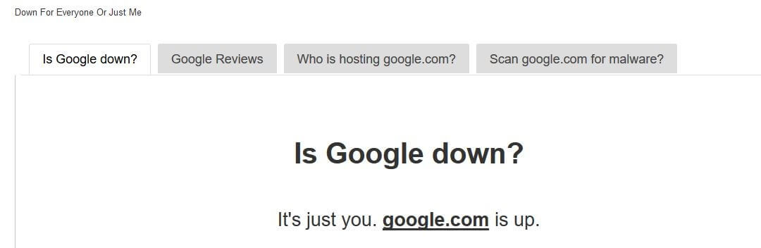 Outil en ligne « Down For Everyone Or Just Me » : résultats pour google.com