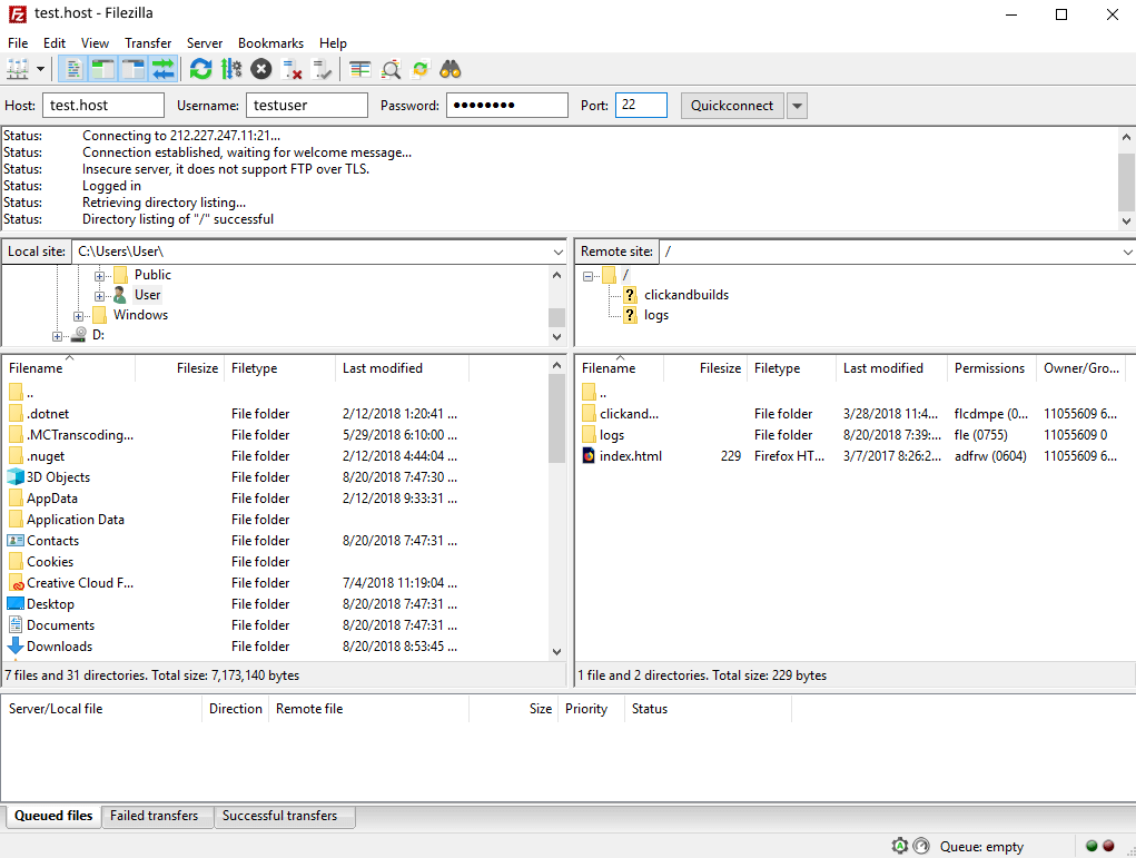 Le programme FTP avec le défilement de son statut sur le haut, les fichiers locaux à gauche et le répertoire du serveur à droite.
