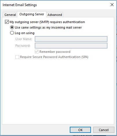 Paramètres du Serveur de courrier sortant dans Outlook 2013.