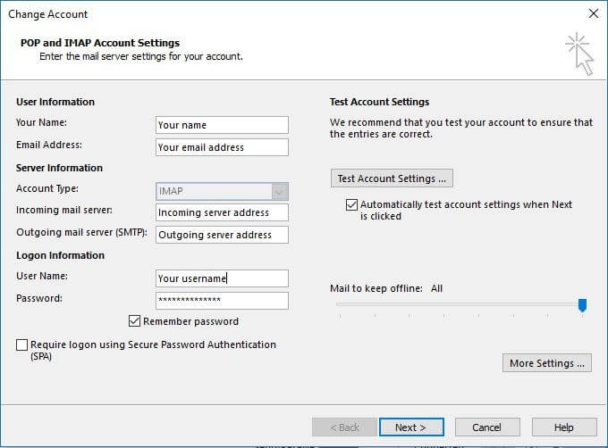 Outlook : Paramètres des comptes POP et IMAP