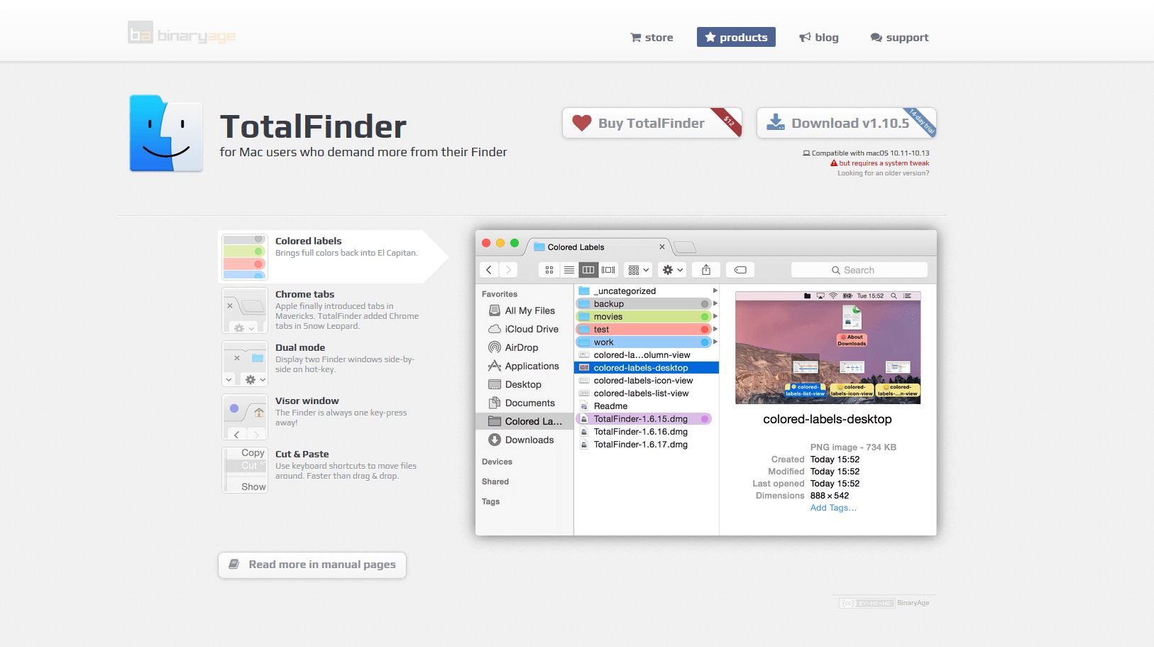 Site Web du produit pour l'extension Finder, TotalFinder