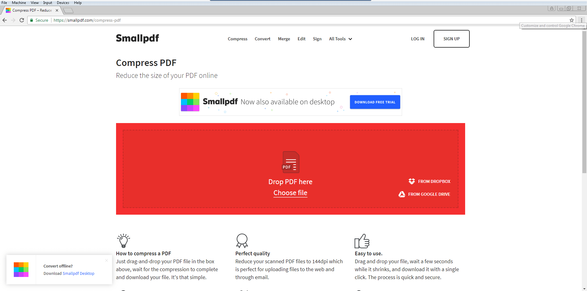 Interface utilisateur de SmallPDF pour la compression de fichiers PDF
