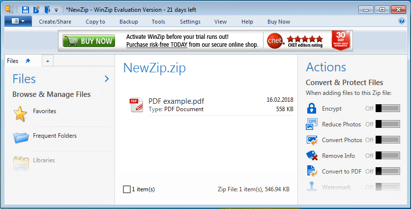 Fenêtre WinZip pour compresser un fichier PDF.
