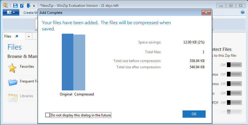 Fenêtre WinZip, qui compare la taille de fichier avant et après la compression