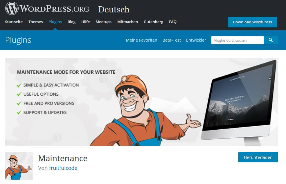 Page de téléchargement de Maintenance, le plugin WordPress