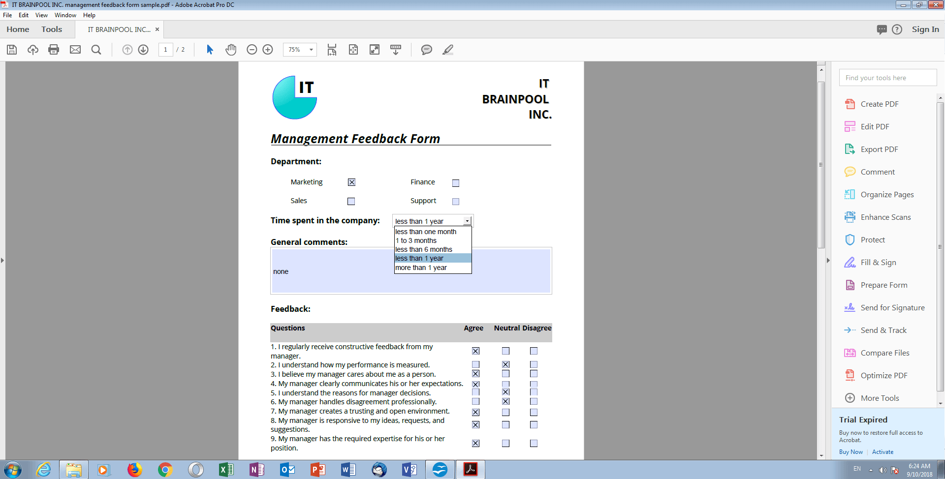 Exemple de formulaire de retour d’information dans un lecteur de PDF