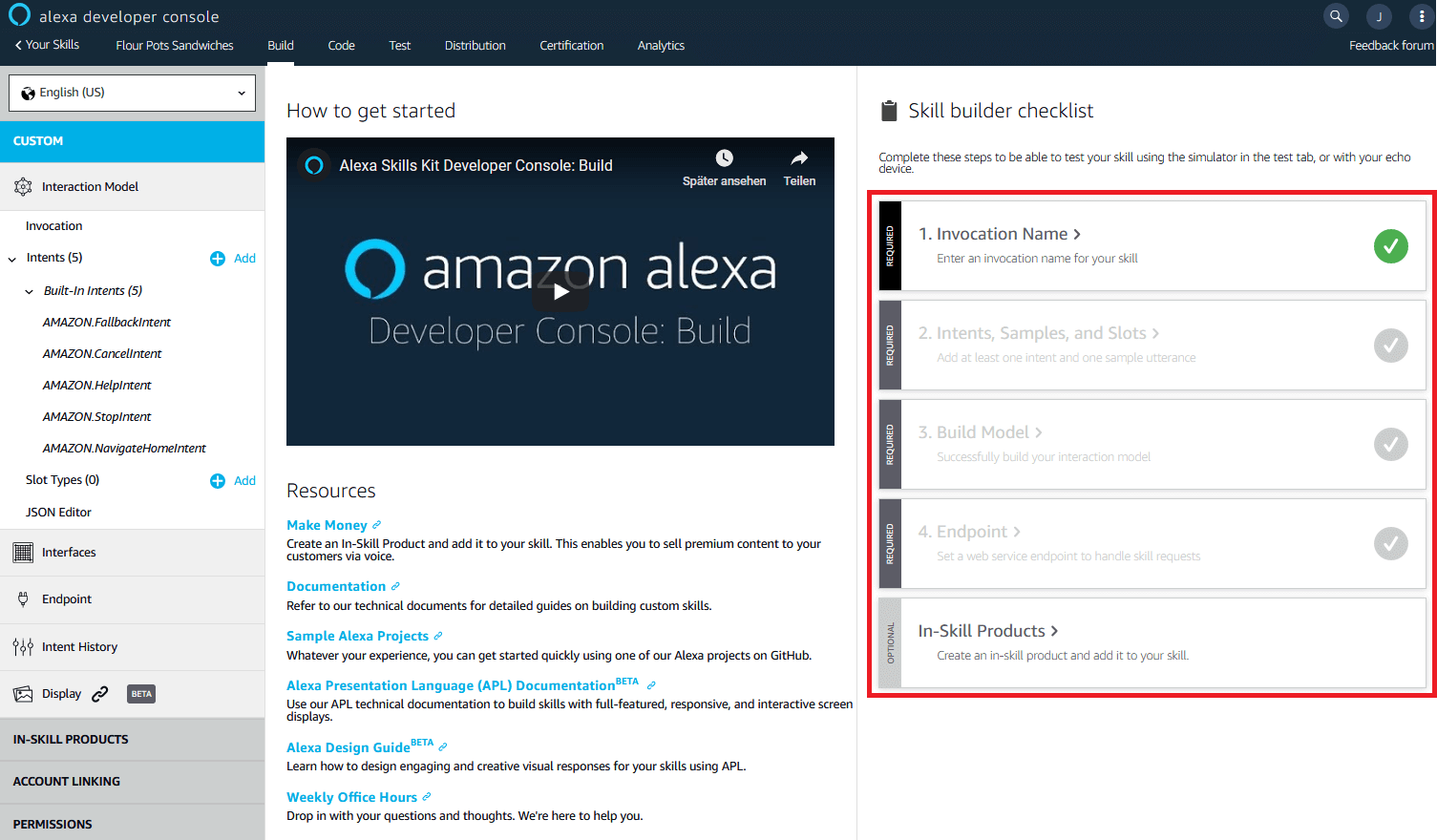 Alexa Developer Console : aperçu de la rubrique « Build ».
