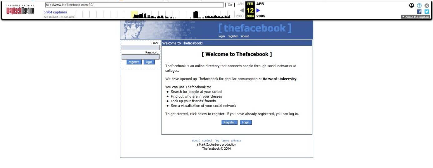 page de connexion Thefacebook du 12 février 2004 dans la Wayback Machine