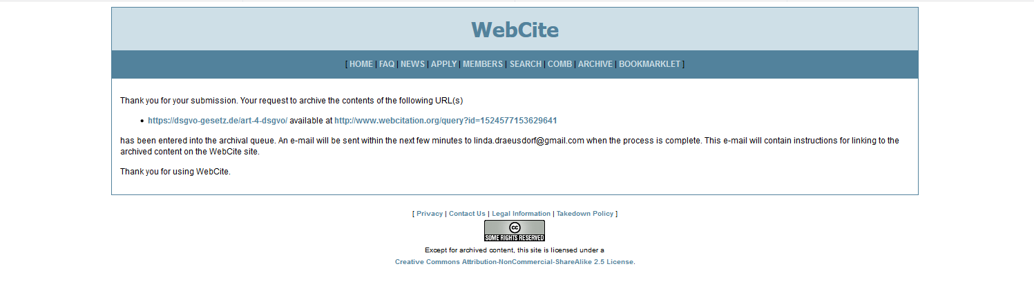 Message WebCite indiquant que la source a été enregistrée dans la file d’attente d’archivage