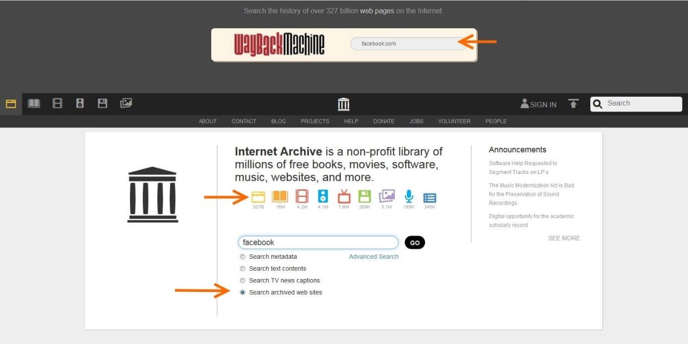 Page d’accueil d’archive.org avec trois flèches orange indiquant les différentes options permettant de rechercher d’anciennes pages Web