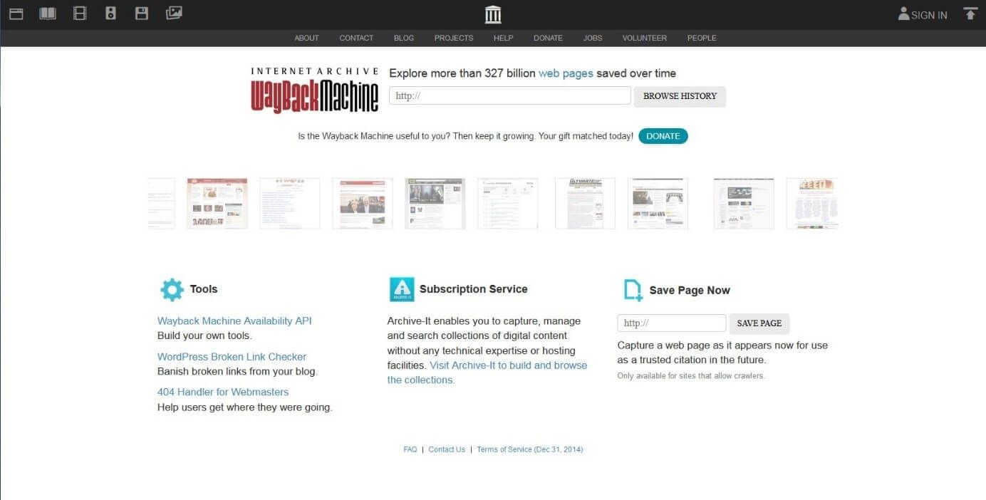 Page d’accueil de la Wayback Machine avec le champ de saisie, les outils, le service scientifique et l’outil de snapshot