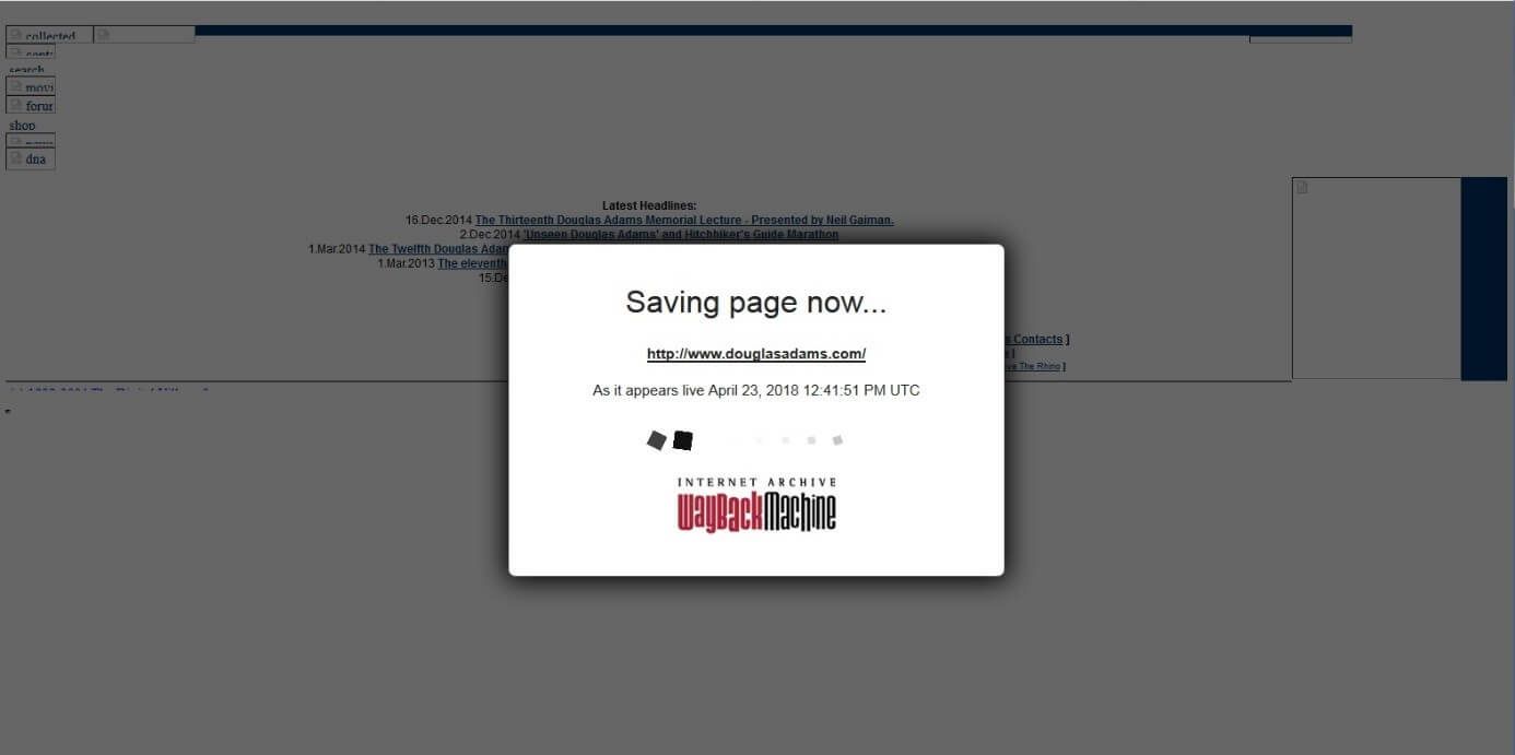 Fenêtre pop-up de la Wayback Machine avec le texte « Saving page now… », URL et timestamp