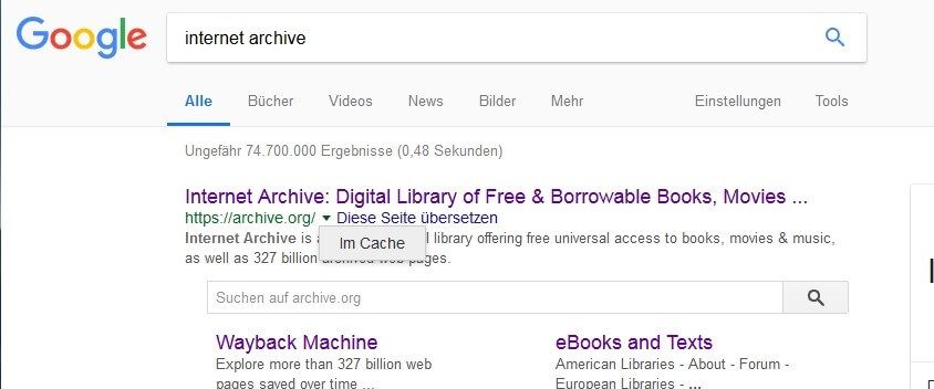 Résultat de la recherche Google pour « internet archive » avec l’URL archive.org