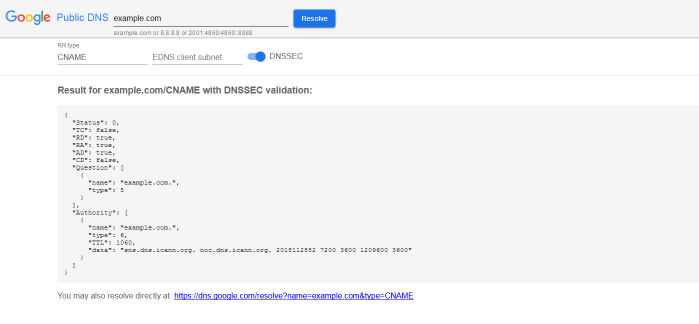 Vérifier le CNAME avec Google Public DNS