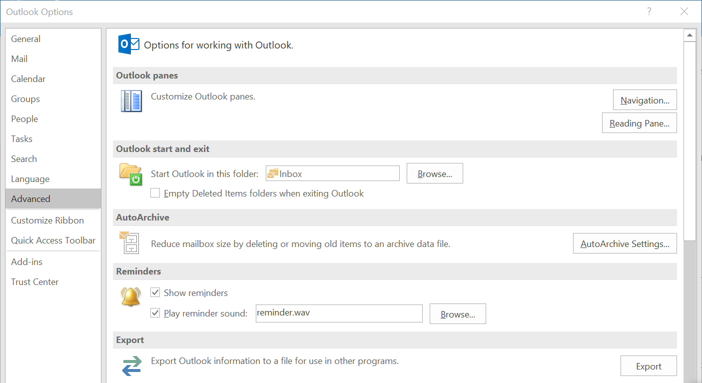 Microsoft Outlook 2016 : les options de Outlook