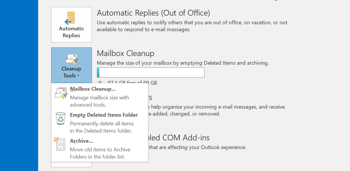 Microsoft Outlook 2016 : menu « Fichier », bouton « Outils de nettoyage »