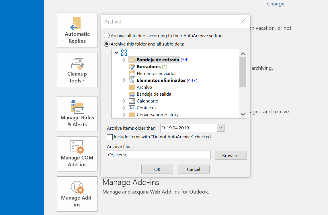 Microsoft Outlook 2016 : fenêtre de dialogue « Archiver »