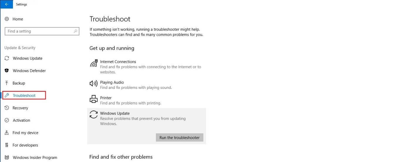 Menu Utilitaire de résolution des problèmes sous Windows 10