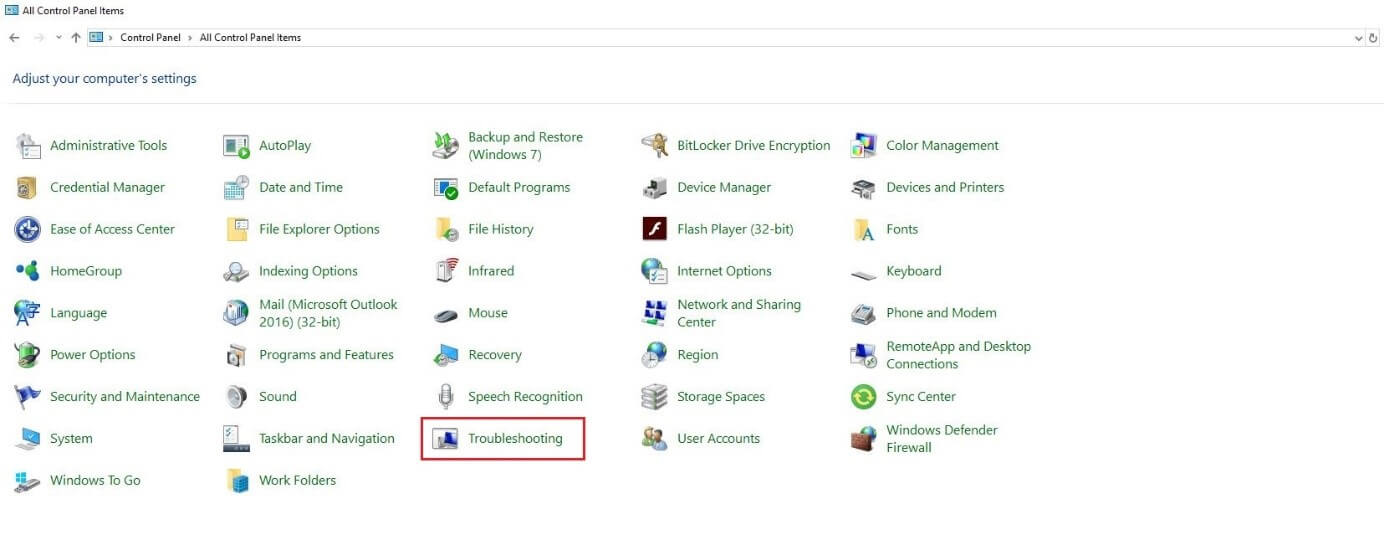 Affichage des icônes Microsoft Windows : panneau de configuration
