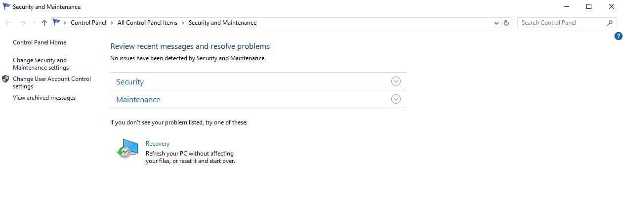 Menu « Sécurité et maintenance » sous Windows 10