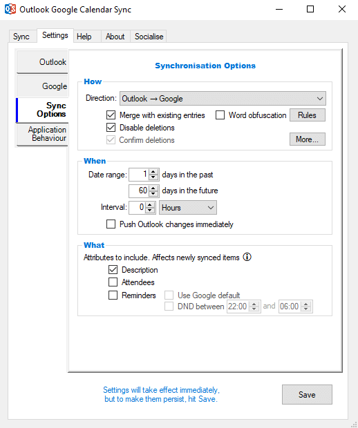 Outlook Google Calendar Sync : options de synchronisation