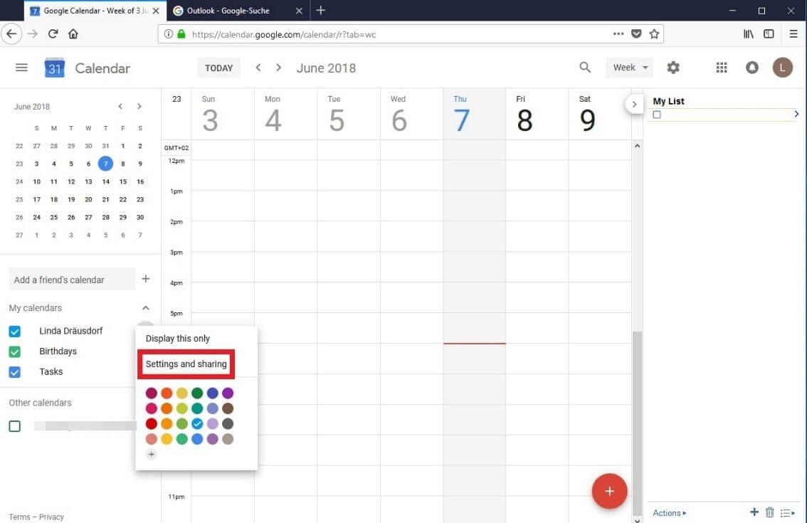 Kalendar Google: Menu 