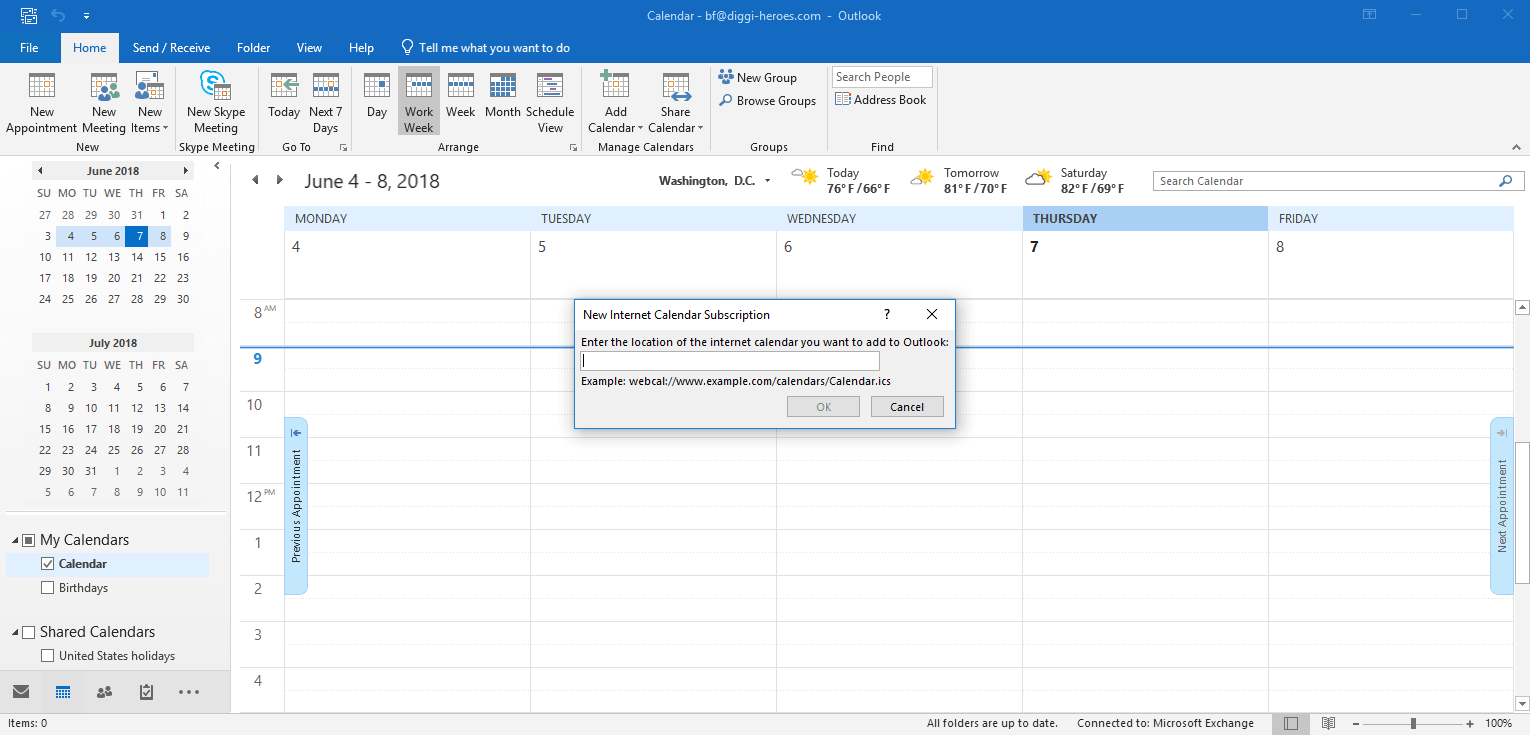 Klient Desktop Outlook: Dodaj nową subskrypcję do kalendarza internetowego