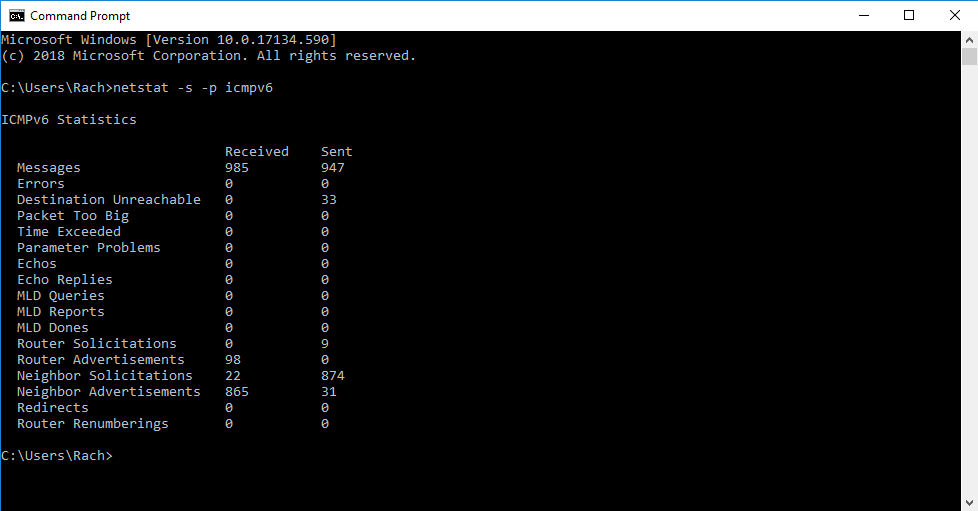 Statistiques ICMPv6 dans la ligne de commande Windows