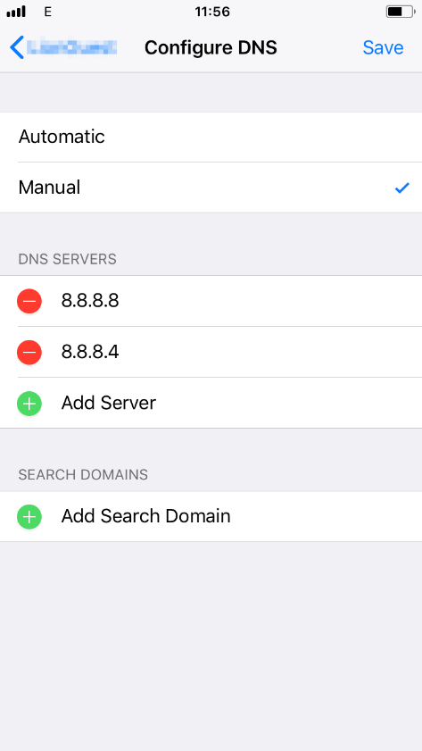 Configuration des serveurs DNS sous iOS, avec les serveurs choisis
