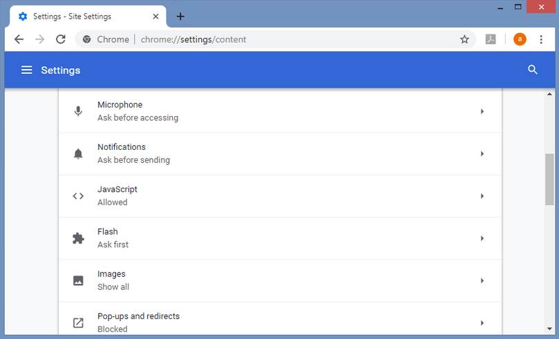 Google Chrome : paramètres du site
