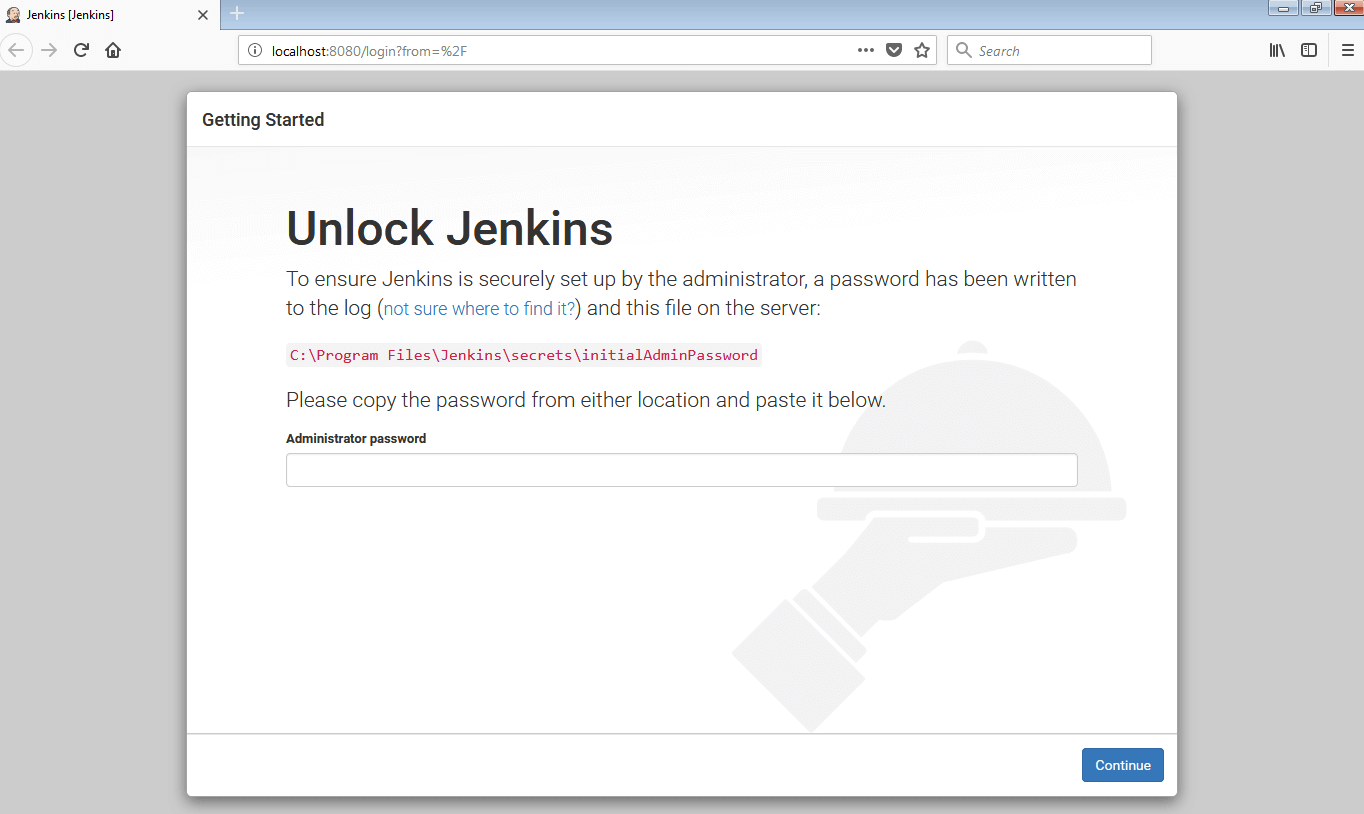 Demande de déverrouillage de l'installation Jenkins.