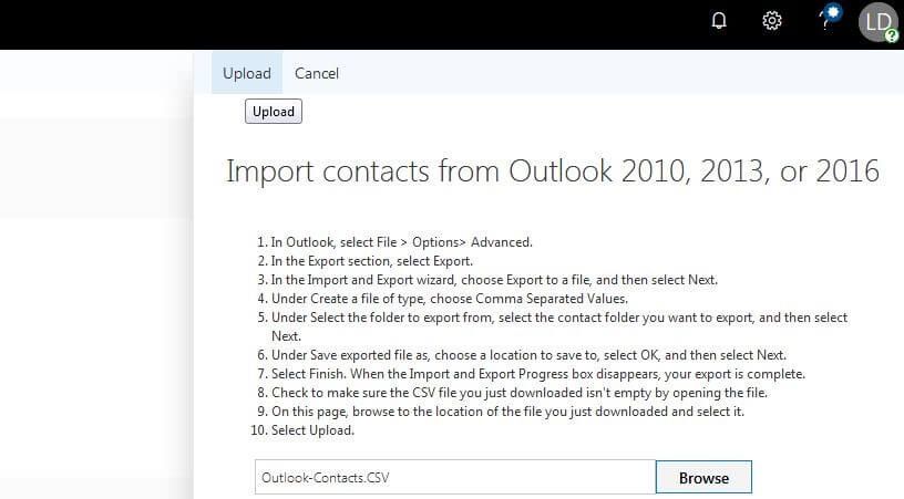 Outlook on the Web : chargement du fichier CSV