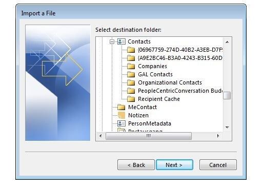 Assistant importation/exportation dans Outlook 2013 : sélection du dossier de destination des importations.