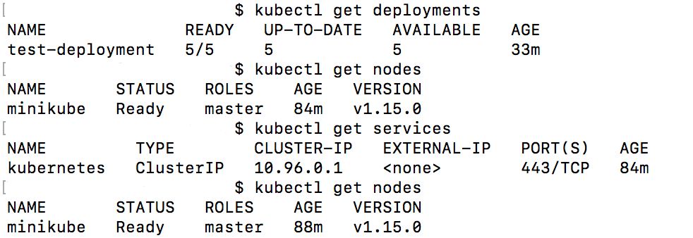 Terminal avec différentes commandes et différents outputs Kubernetes