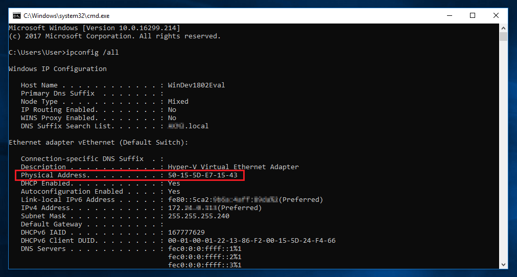Exemple d’un terminal après la commande « ipconfig /all »