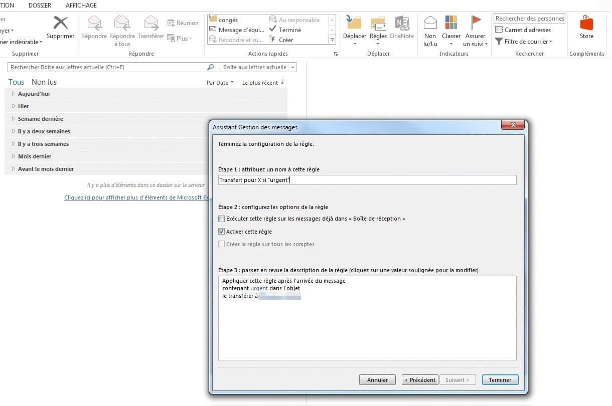Microsoft Outlook 2013 : terminez la configuration de la règle en y apportant un nom
