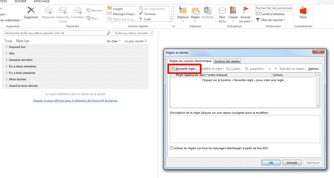 Microsoft Outlook 2013 : fenêtre de dialogue « Règles et alertes ».