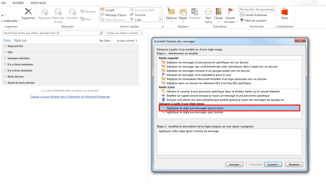 Microsoft Outlook 2013 : l’assistant pour définir les règles.