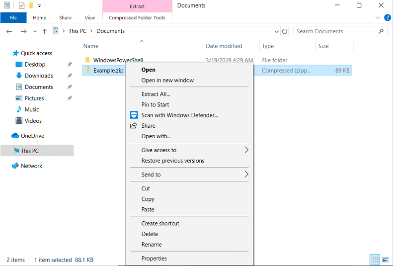 Menu contextuel du gestionnaire de fichiers de Windows