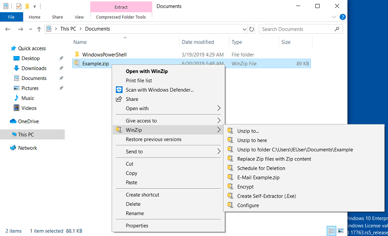 Intégration de WinZip dans le menu contextuel du gestionnaire de fichiers de Windows