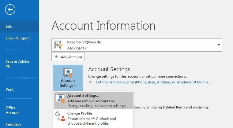 Informations sur les comptes dans Outlook 2016