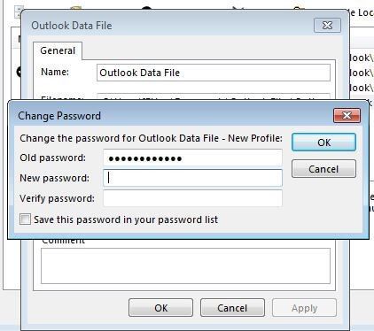 Fichier de données Outlook : Menu pour modifier le mot de passe Outlook