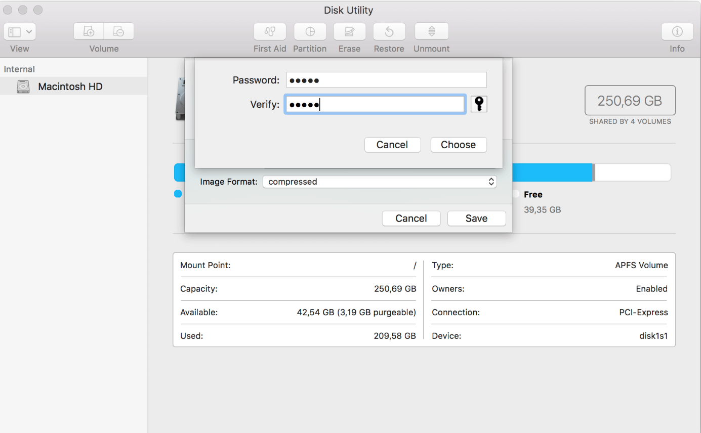 Utilitaire de disque de macOS : saisie du mot de passe