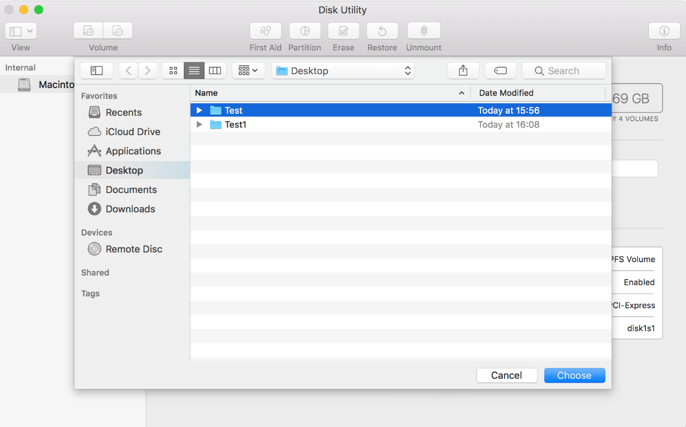 Utilitaire de disque de macOS : choix du dossier